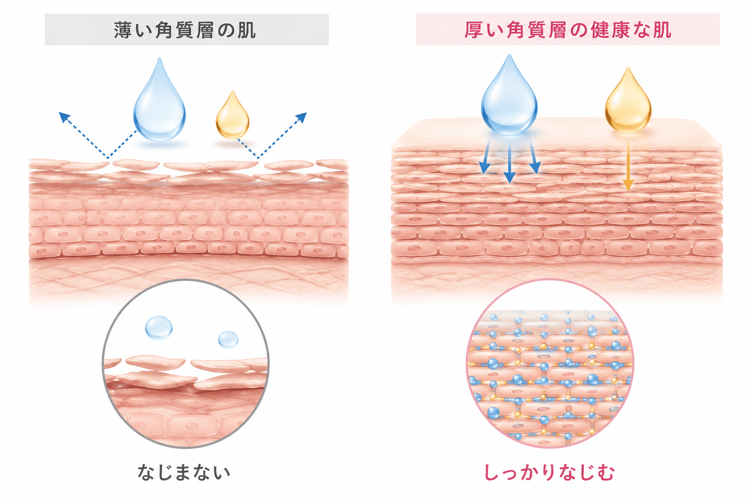 角質が薄くなった皮膚と健康な皮膚の比較画像