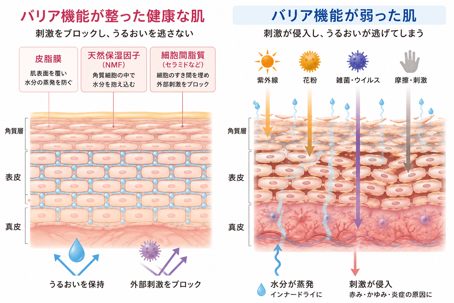 バリア機能が弱った肌と健康な肌の違い比較図「東京ハーブピーリング」